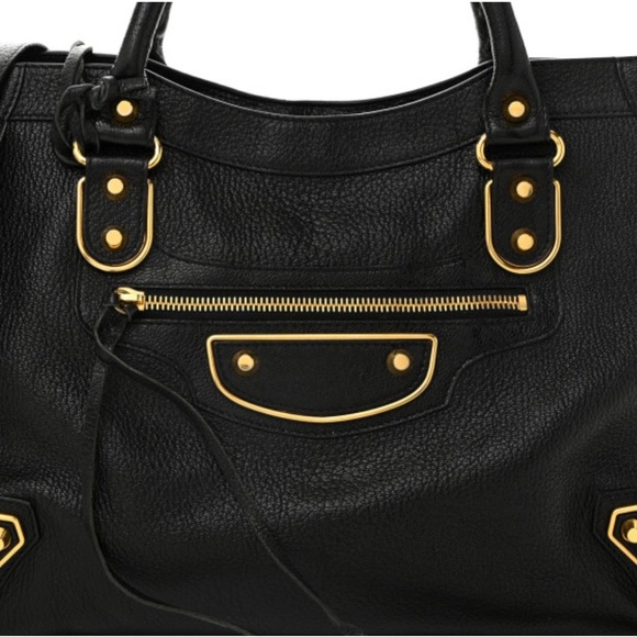 Auth Balenciaga Medium City Bag Black Gold Metallic Edge Chèvre leather LIKE NEW - Picture 10 of 11